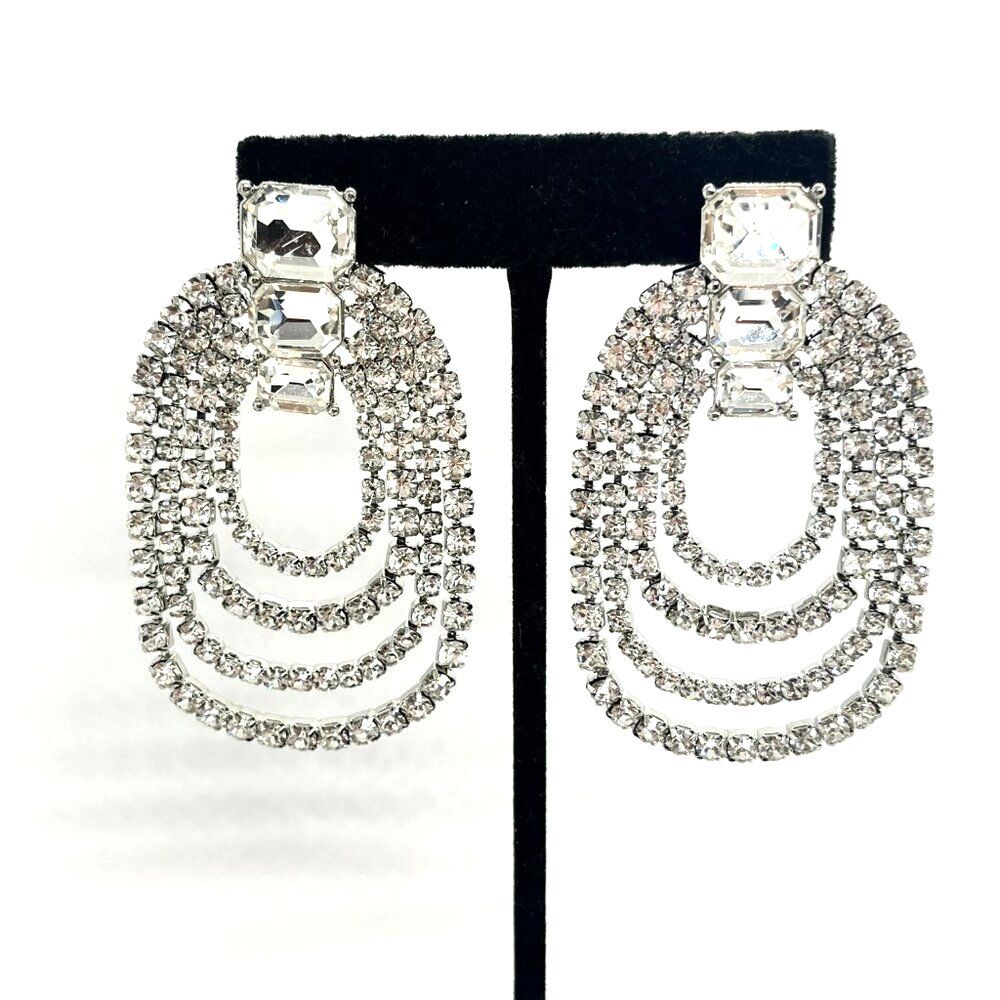 Rhinestone Earrings Silver Tone Gatsby Style Glam Wedding Party Cocktail
